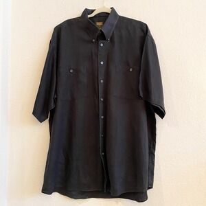 SCOTT BARBER Mens XL Black Short Sleeve Button Up Shirt 100% Linen Casual